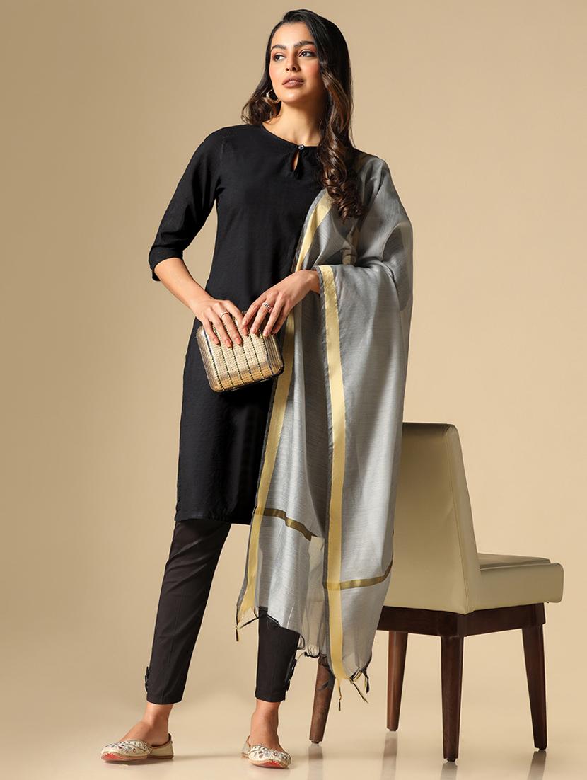 women grey plain chanderi dupatta - 20446922 - Standard Image - 5