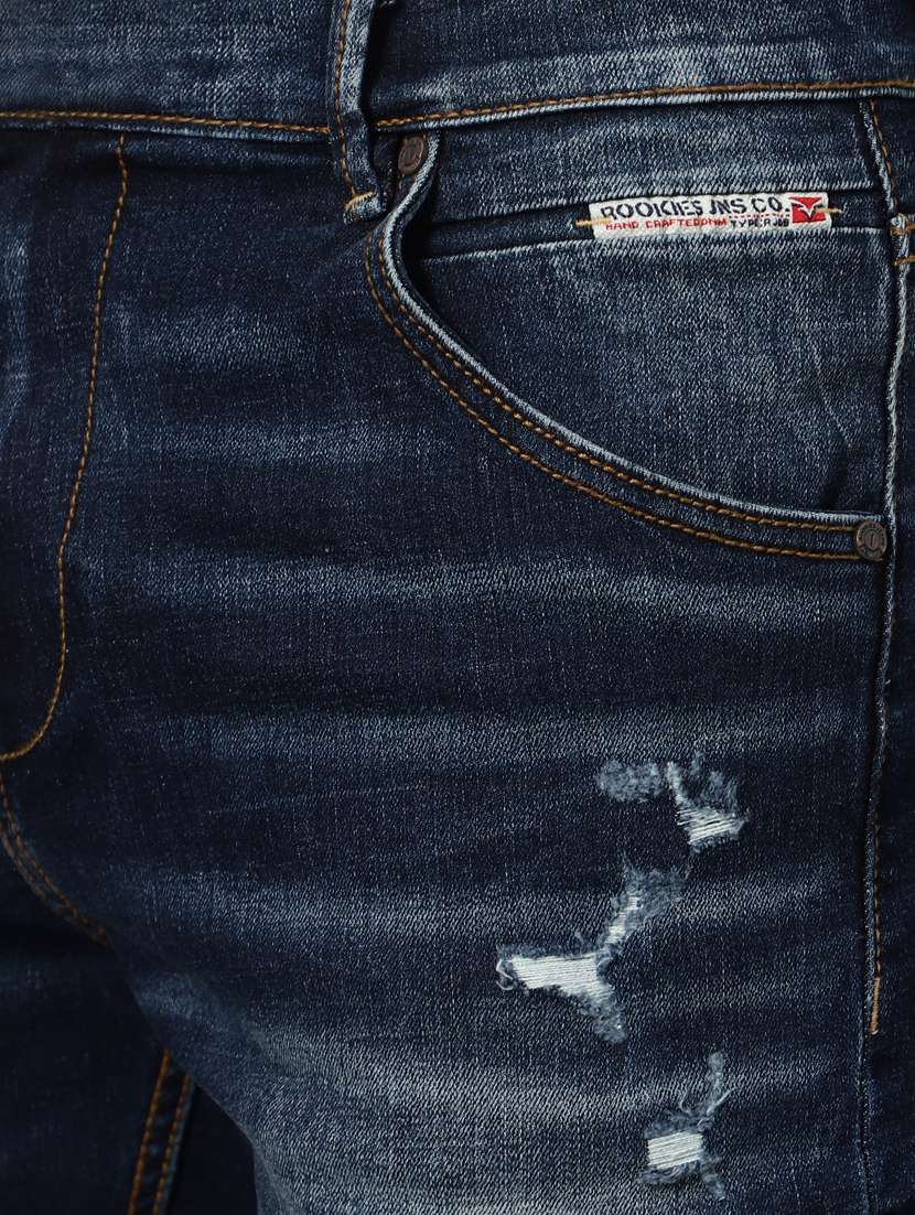 dark blue distressed three fourth shorts - 20447198 -  Standard Image - 3