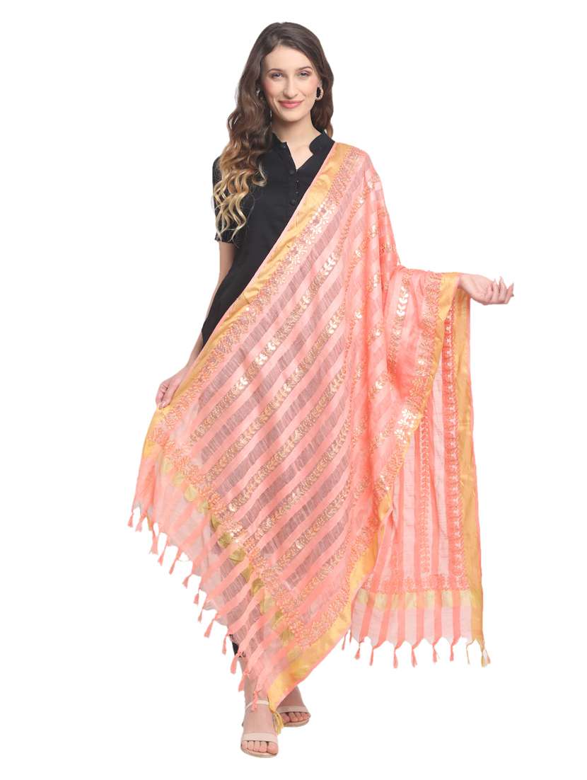 women peach embroidered dupatta