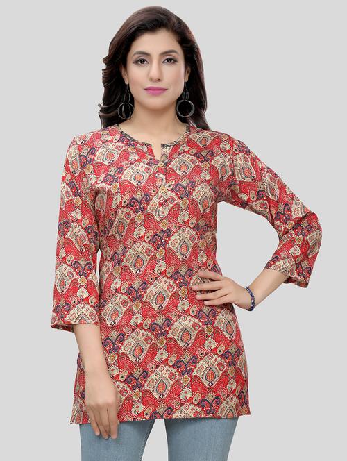 red three quarter sleeve straight kurti - 20448900 - Standard Image - 0