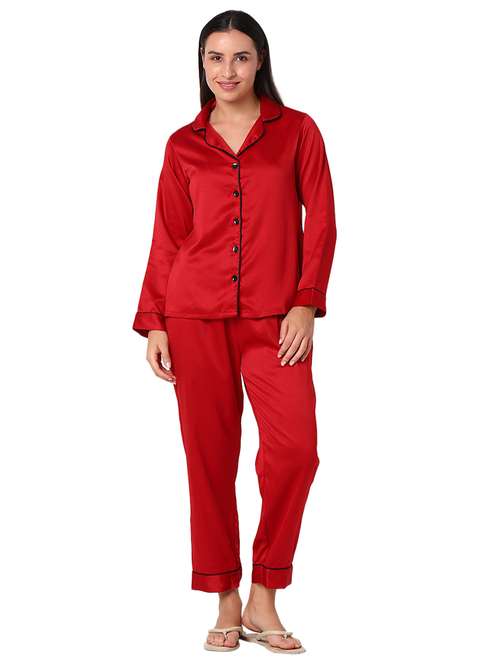 red solid pyjama nightwear set - 20448956 -  Standard Image - 0