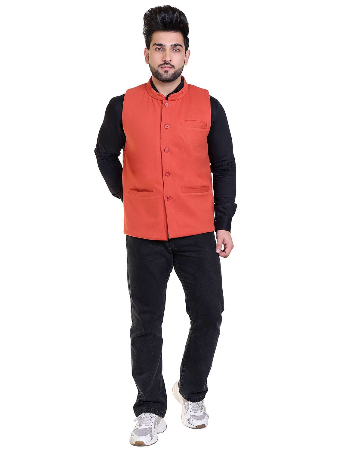 men solid orange cotton nehru jacket - 20449180 -  Standard Image - 3
