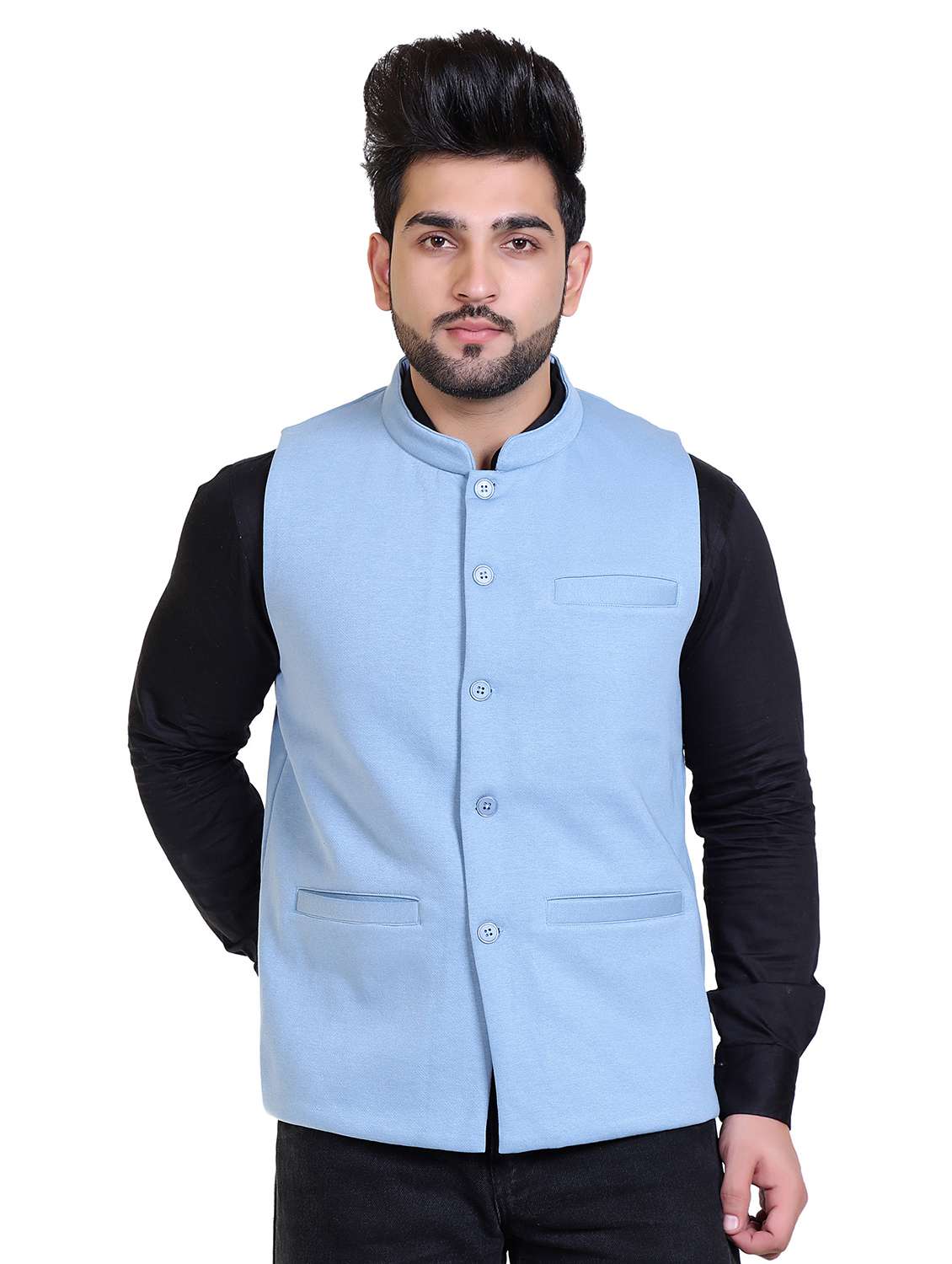 men solid light blue cotton nehru jacket