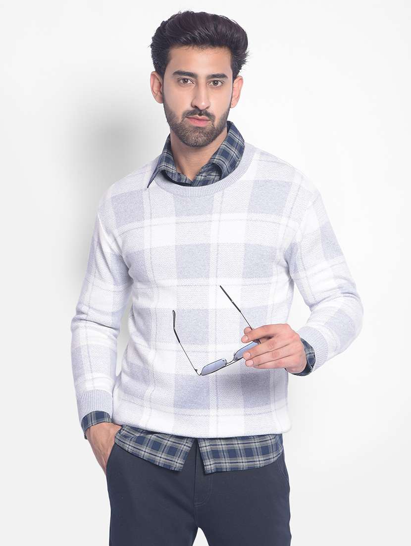 men checkered white cotton pullover - 20449327 -  Zoom Image - 0