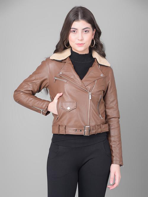 women brown poly blend regular jacket - 20449387 - Standard Image - 0