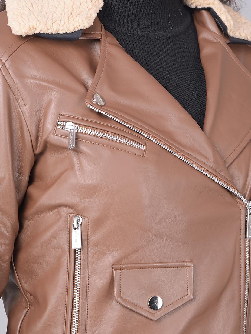women brown poly blend regular jacket - 20449387 - Standard Image - 5
