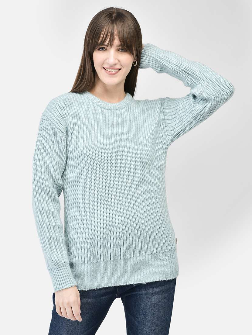 women self designed purist blue polyester pullover