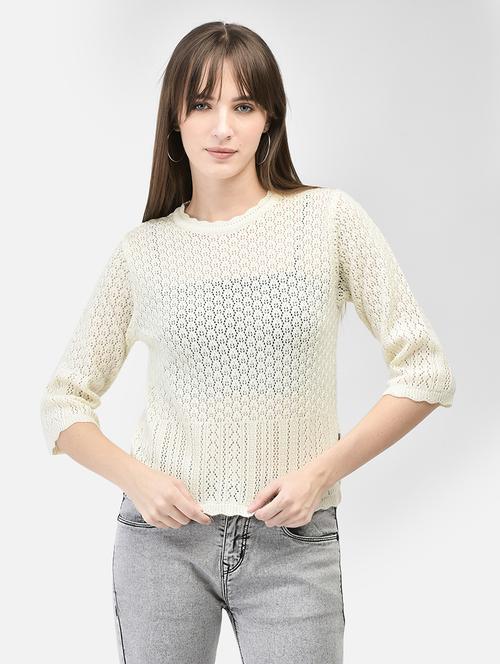 women self designed beige schiffli acrylic pullover - 20449421 - Standard Image - 0