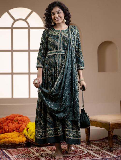 teal three quarter sleeve kurta dupatta set - 20449474 - Standard Image - 0
