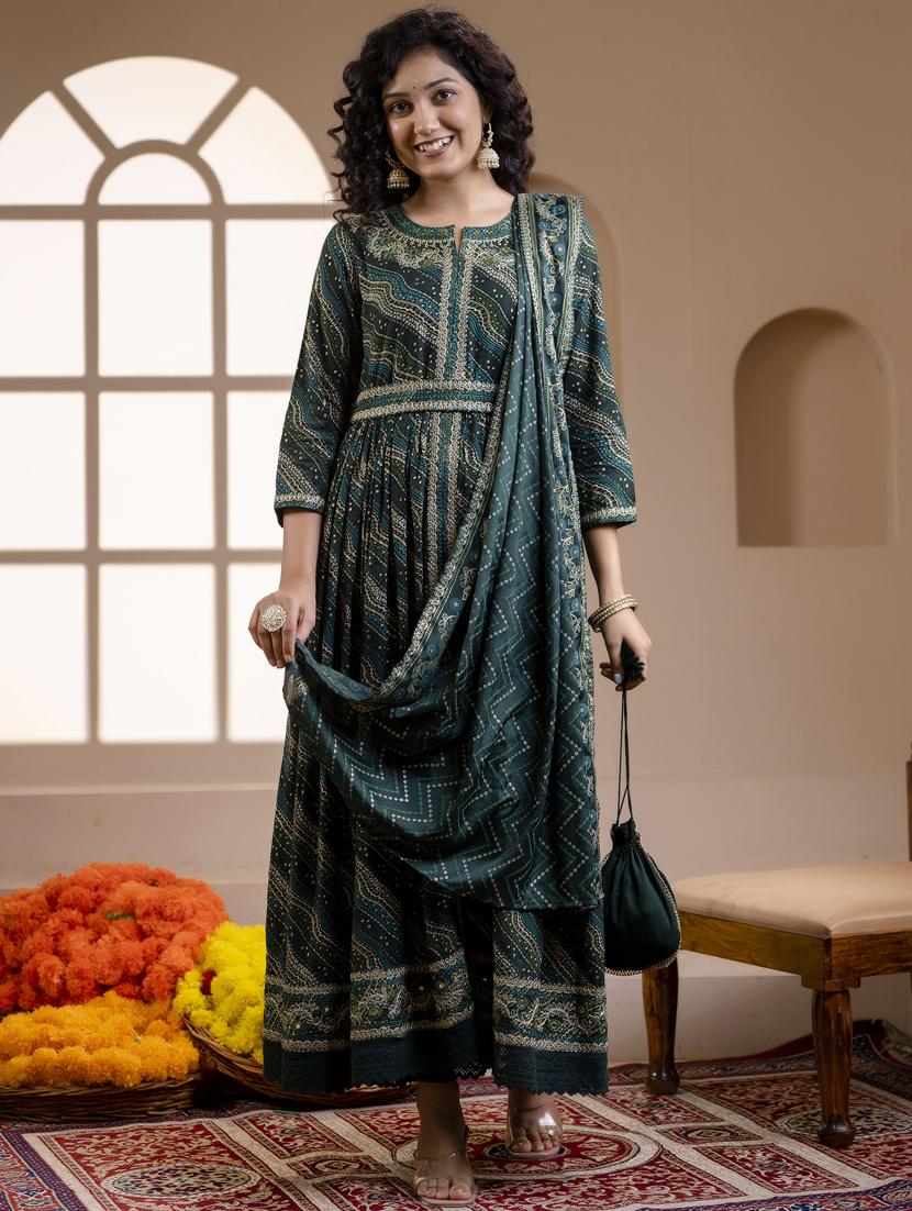 teal three quarter sleeve kurta dupatta set - 20449474 - Zoom Image - 0