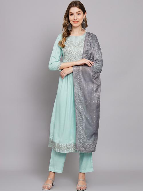 light blue three quarter sleeve kurta dupatta set - 20449692 - Standard Image - 0