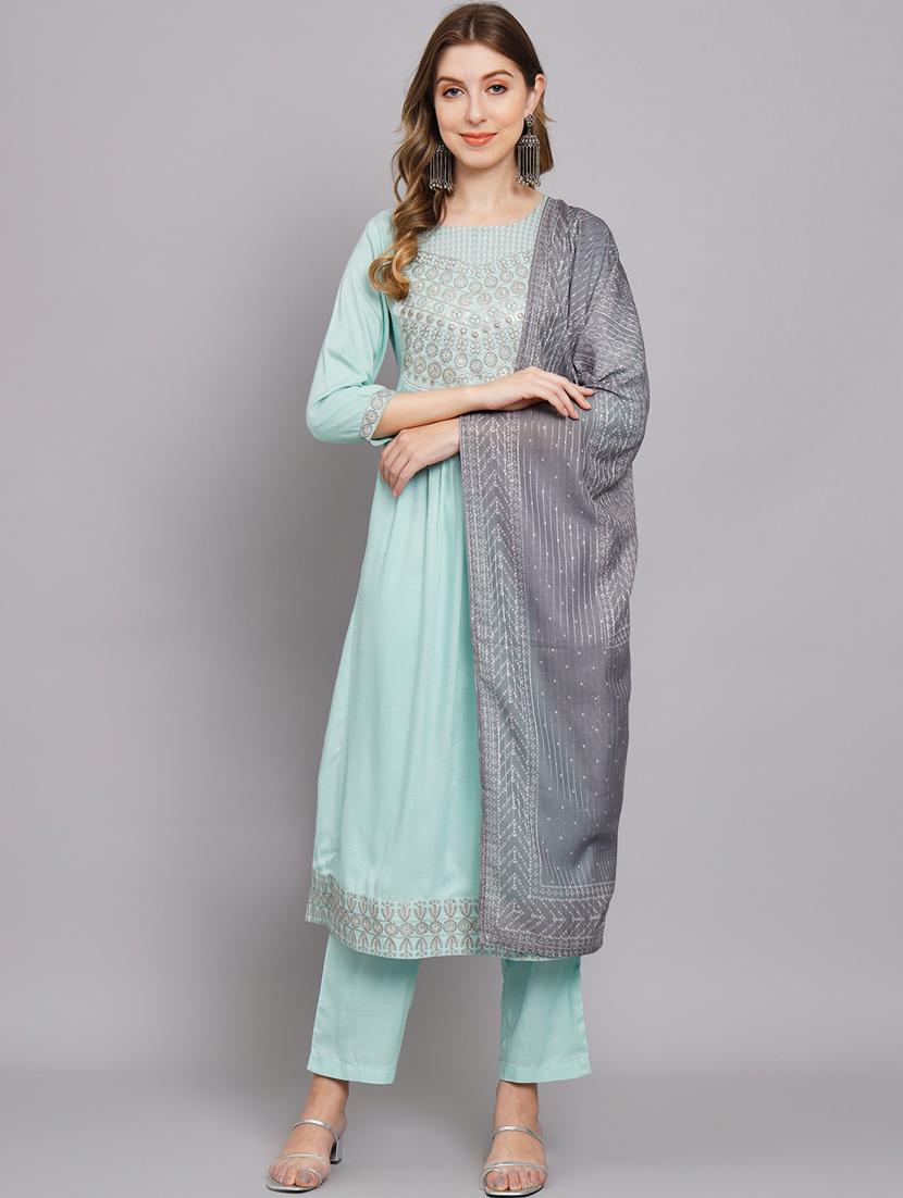 light blue three quarter sleeve kurta dupatta set - 20449692 - Zoom Image - 0