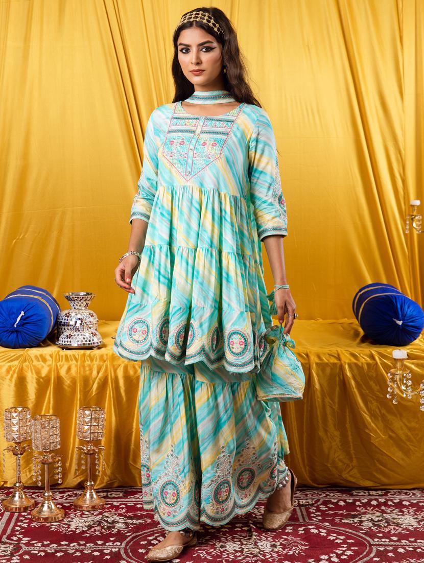 women blue round neck kurta sharara set with dupatta - 20449704 - Zoom Image - 0