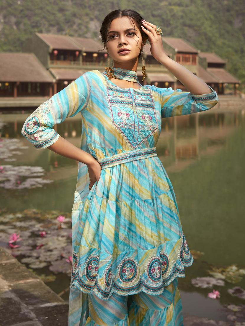 women blue round neck kurta sharara set with dupatta - 20449704 - Standard Image - 3