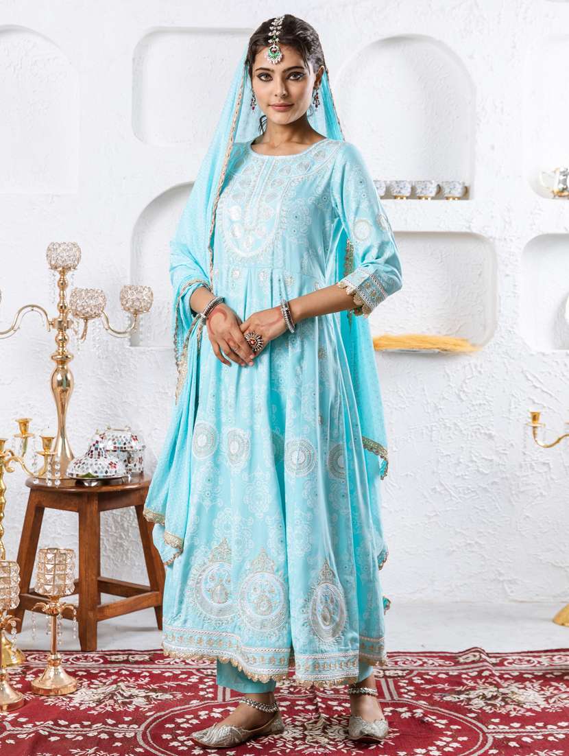 women light blue round neck kurta palazzo set with dupatta - 20449718 - Zoom Image - 0
