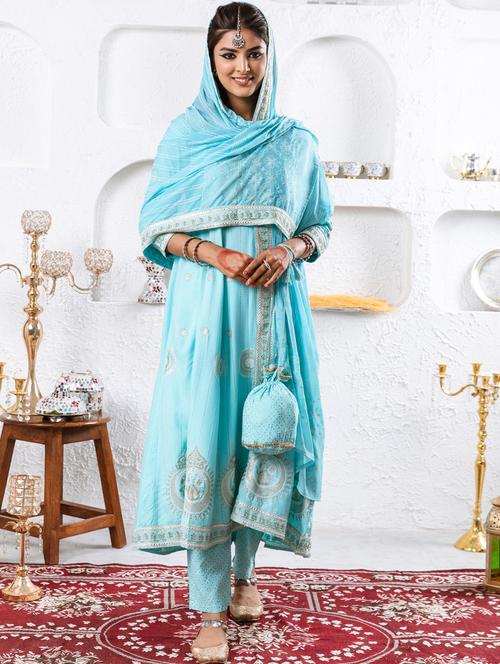 women light blue round neck kurta palazzo set with dupatta - 20449720 - Standard Image - 0