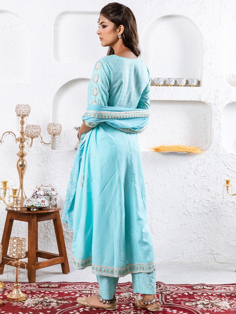 women light blue round neck kurta palazzo set with dupatta - 20449720 - Standard Image - 3