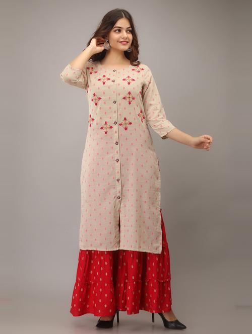 embroidered beige kurta sharara set - 20449762 - Standard Image - 0