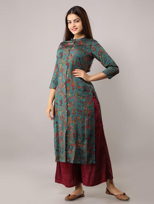 teal printed kurta palazzo set - 20449774 - Standard Image - 0