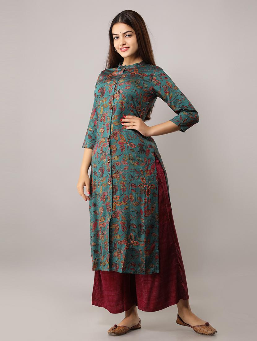 teal printed kurta palazzo set - 20449774 - Zoom Image - 0