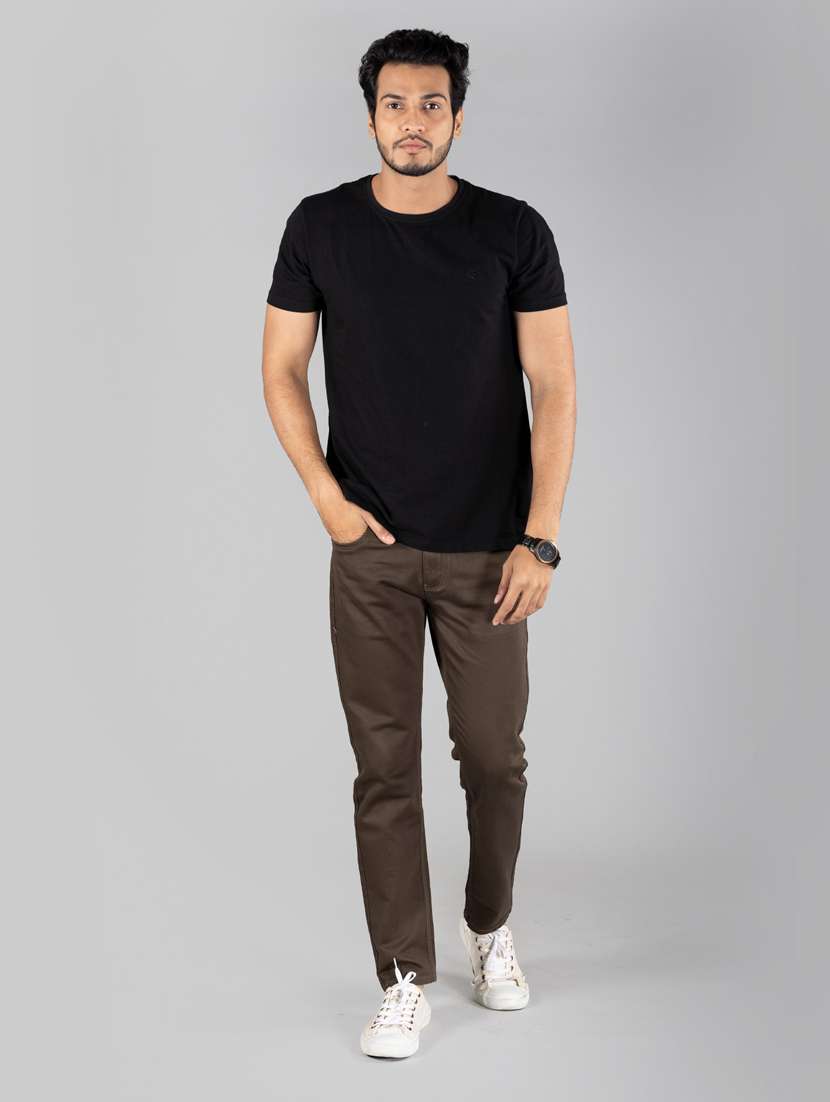 men solid taupe colored cotton blend ankle length jeans - 20449936 - Standard Image - 3
