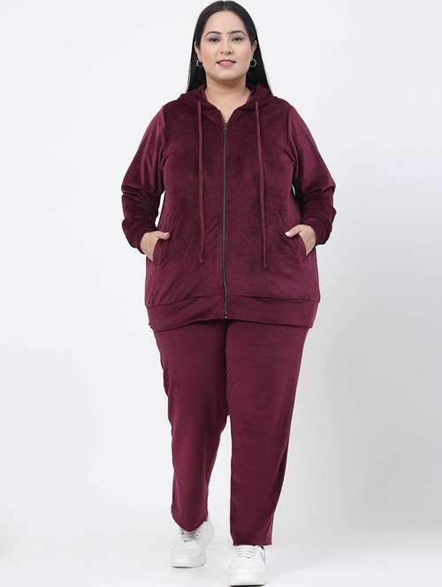 women burgundy velvet track suit set - 20449966 - Standard Image - 0