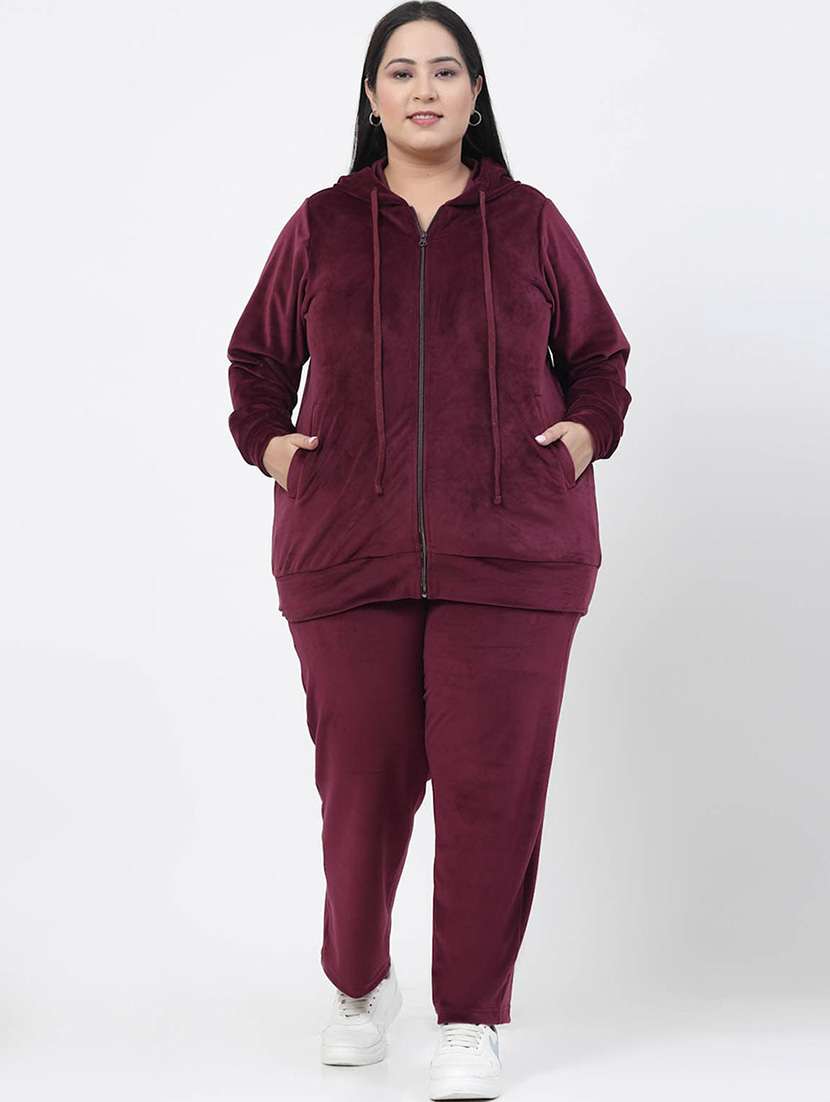 women burgundy velvet track suit set