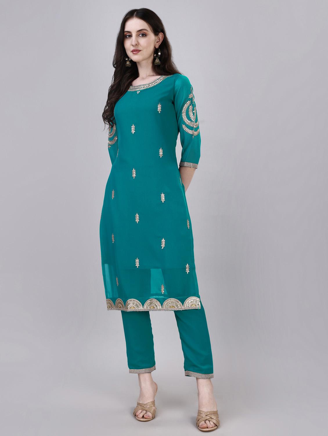 women teal round neck straight kurta - 20450622 -  Zoom Image - 0
