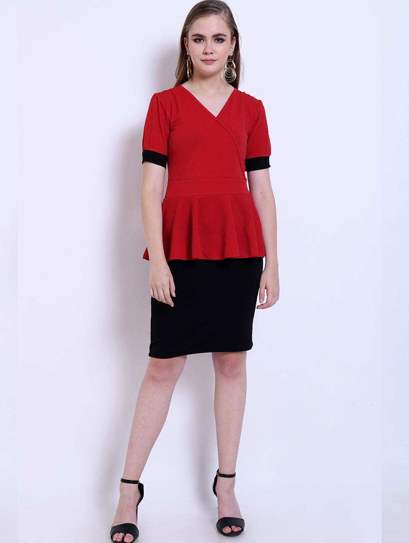 red and black color block peplum dress - 20451230 -  Zoom Image - 0
