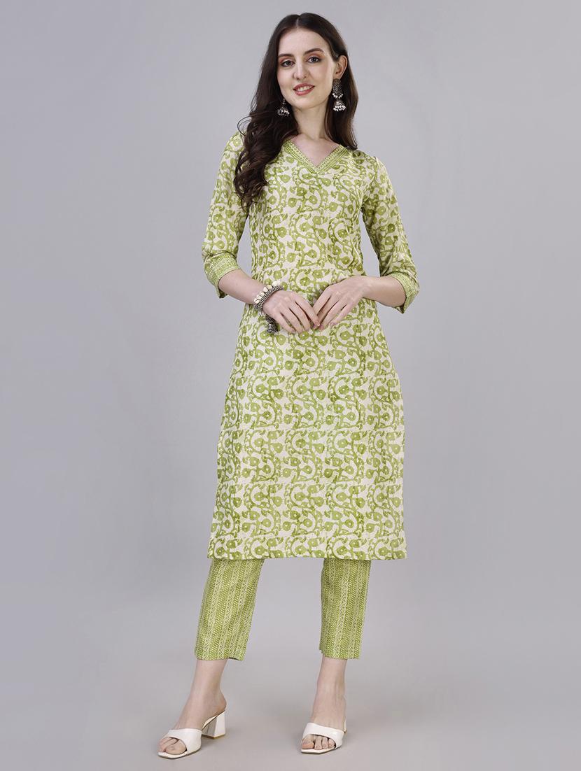 women green v neck kurta pant set - 20451385 - Zoom Image - 0