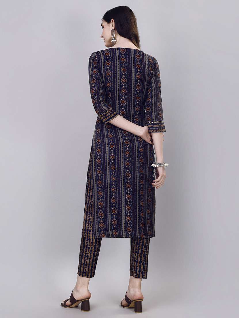 women navy blue notch neck kurta pant set - 20451389 -  Standard Image - 3