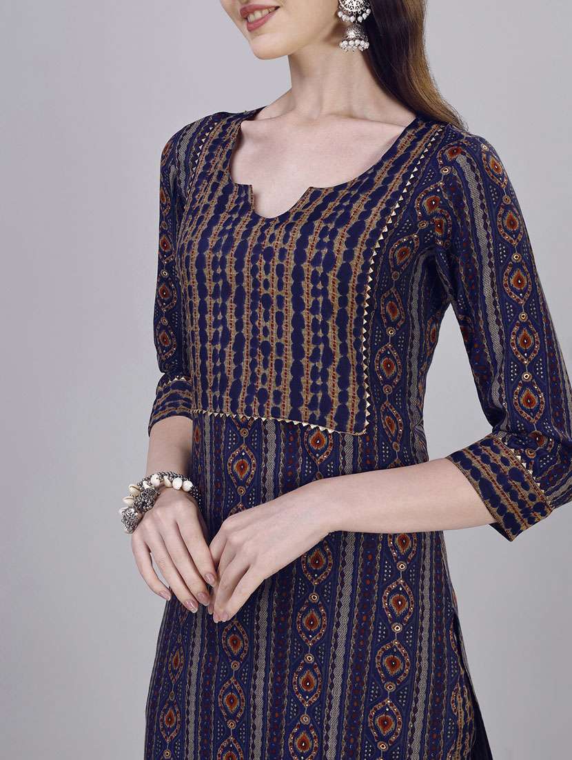 women navy blue notch neck kurta pant set - 20451389 -  Standard Image - 5