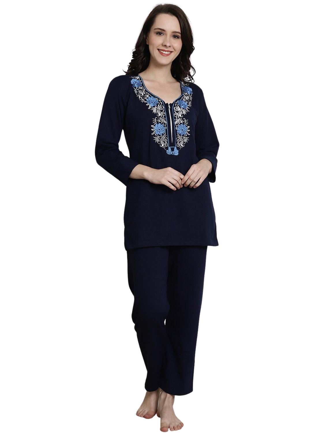 navy blue embroidered pyjama nightwear set - 20451405 -  Zoom Image - 0