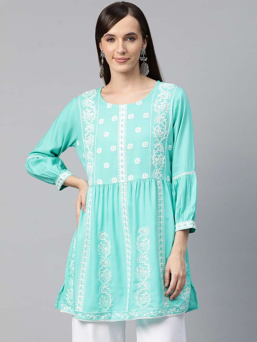 turquoise three quarter sleeve a-line kurti