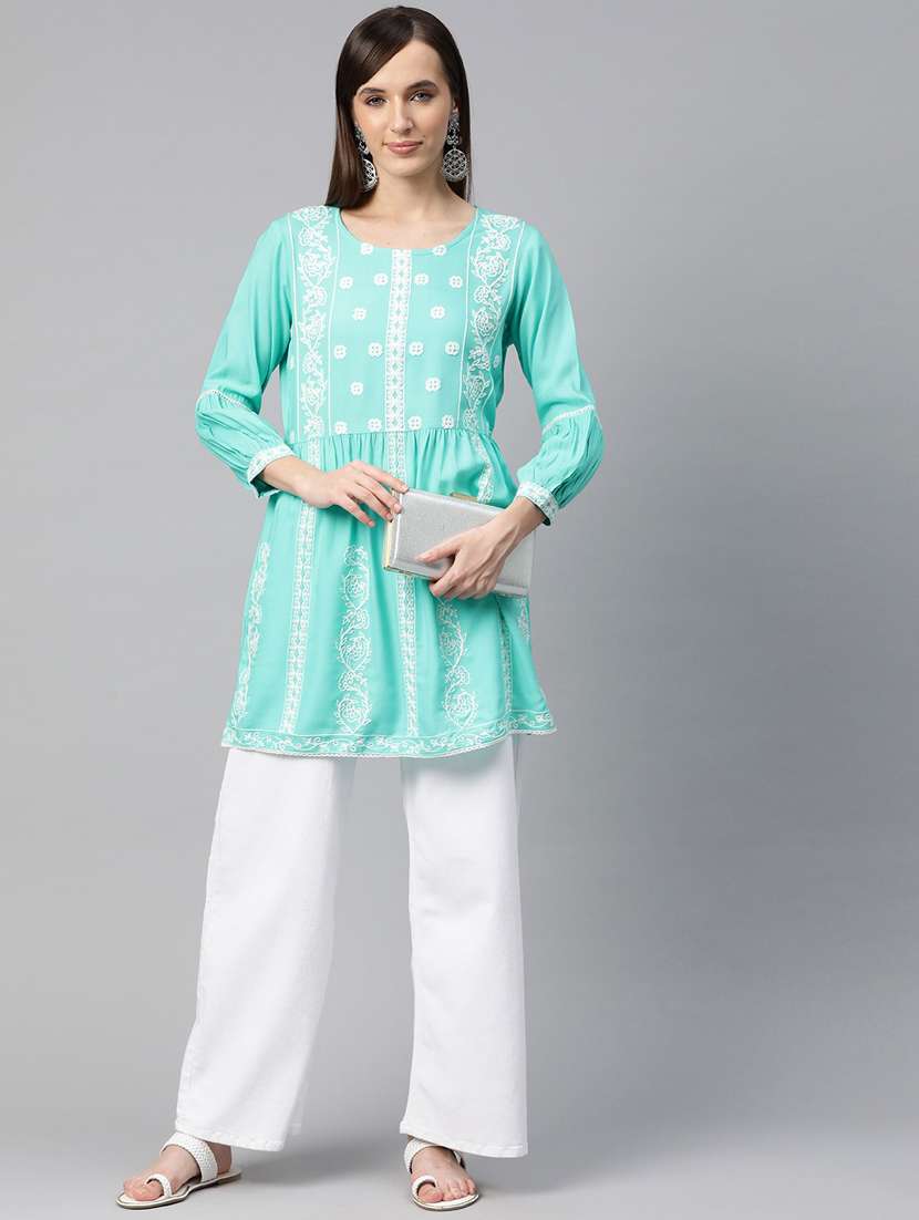 turquoise three quarter sleeve a-line kurti - 20451448 -  Standard Image - 3