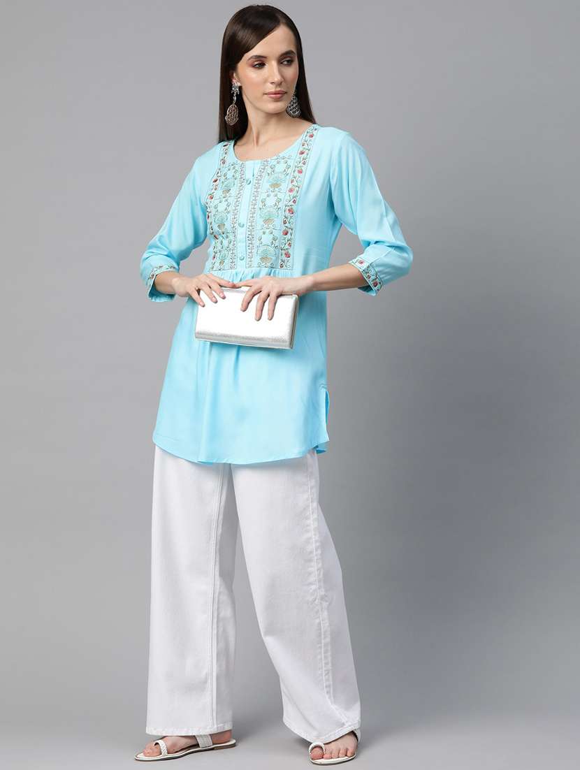light blue three quarter sleeve a-line kurti - 20451456 -  Standard Image - 3