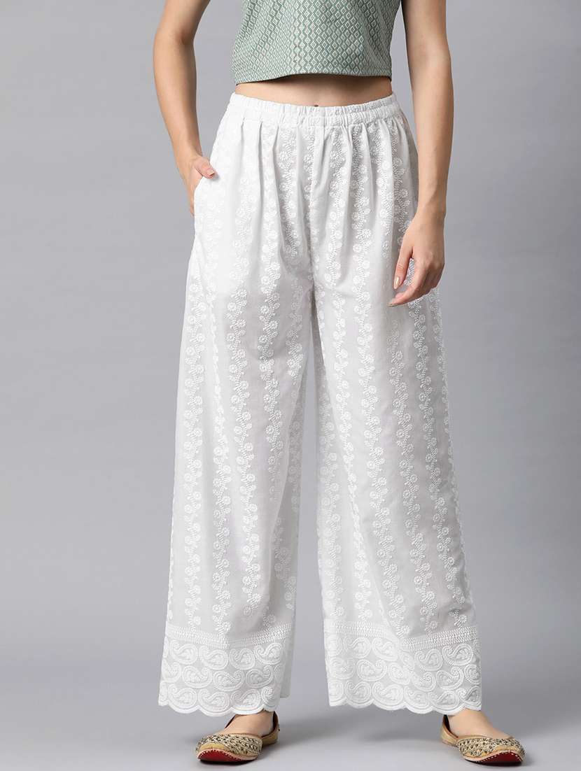 white solid with work straight palazzo