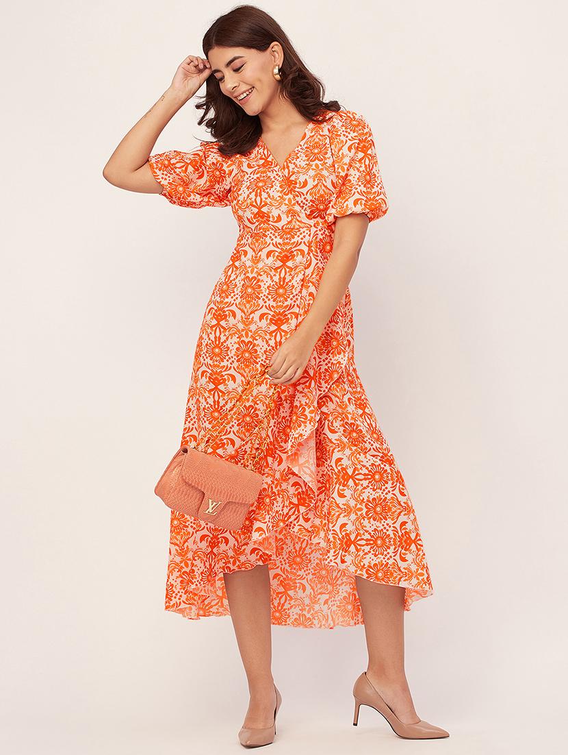 orange and white printed wrap dress - 20451550 - Zoom Image - 0