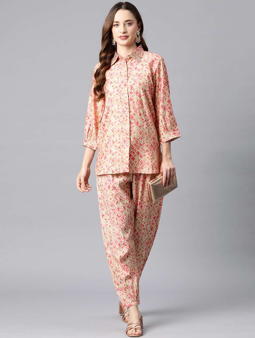women pink geometric shirt collar co-ords sets