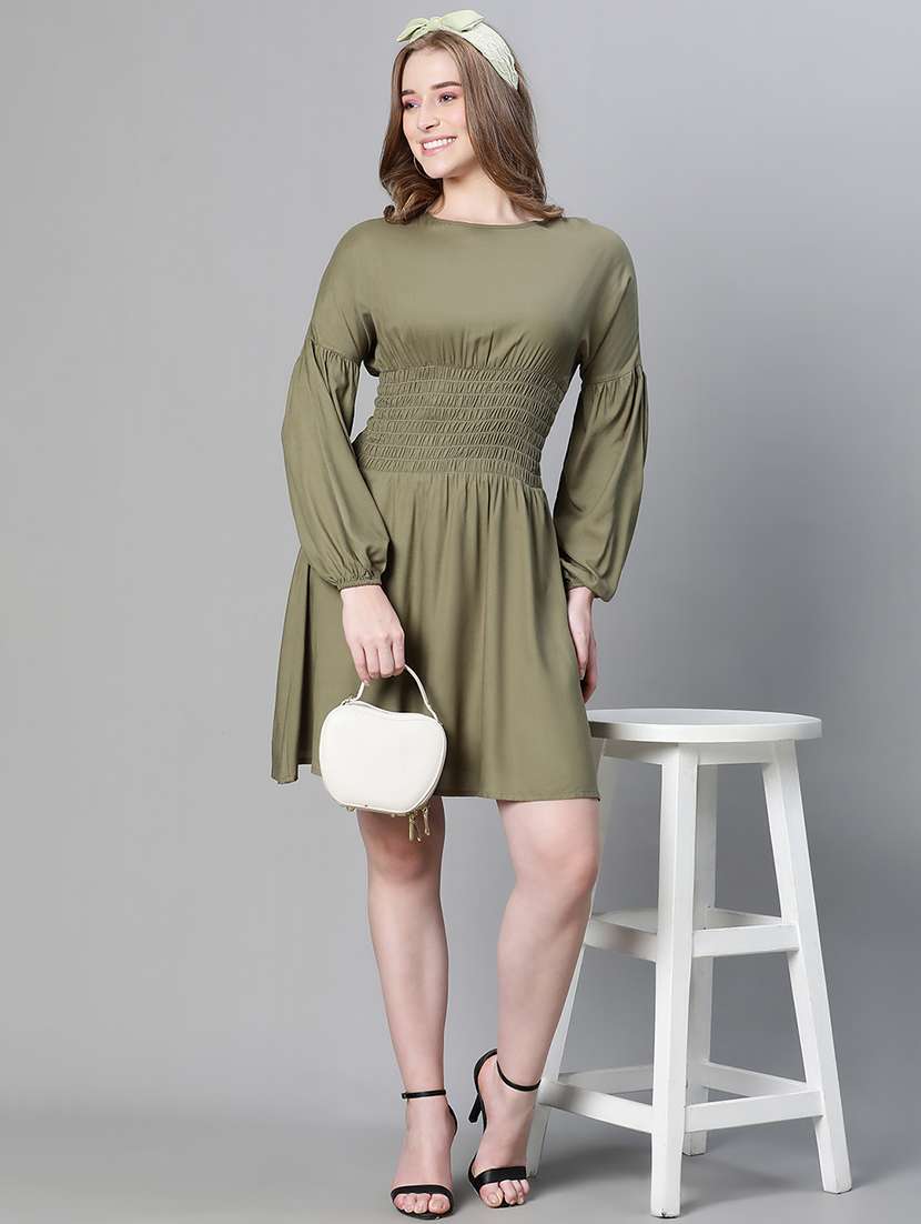 olive solid empire line dress - 20458066 - Standard Image - 3