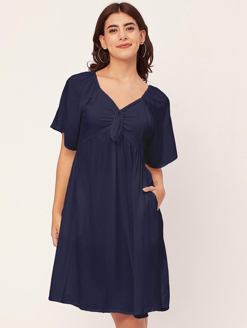 navy blue solid a-line dress with pocket - 20458138 - Zoom Image - 0