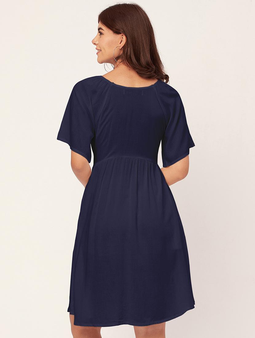 navy blue solid a-line dress with pocket - 20458138 - Standard Image - 3