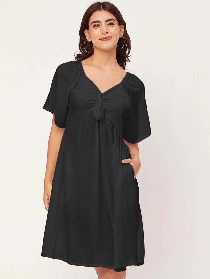 black solid a-line dress with pocket - 20458139 - Zoom Image - 0