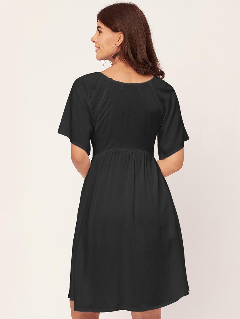 black solid a-line dress with pocket - 20458139 - Standard Image - 3