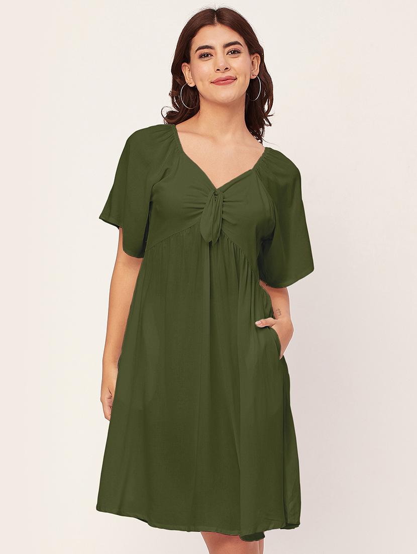 green solid a-line dress with pocket - 20458140 - Zoom Image - 0