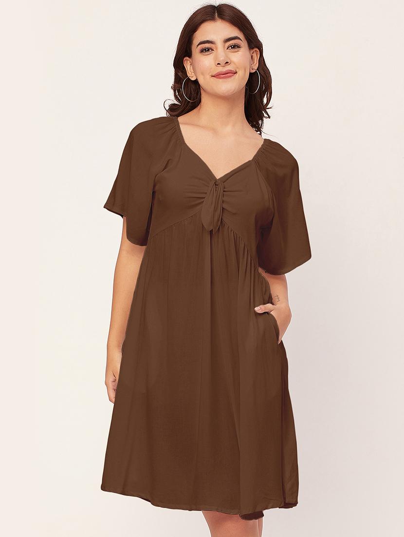 brown solid a-line dress with pocket - 20458142 -  Zoom Image - 0