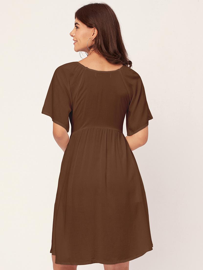 brown solid a-line dress with pocket - 20458142 - Standard Image - 3