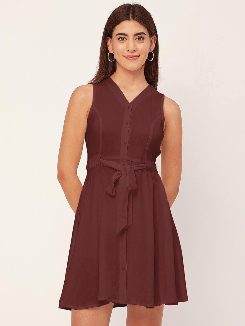 brown solid sleeveless a-line dress - 20458143 - Zoom Image - 0