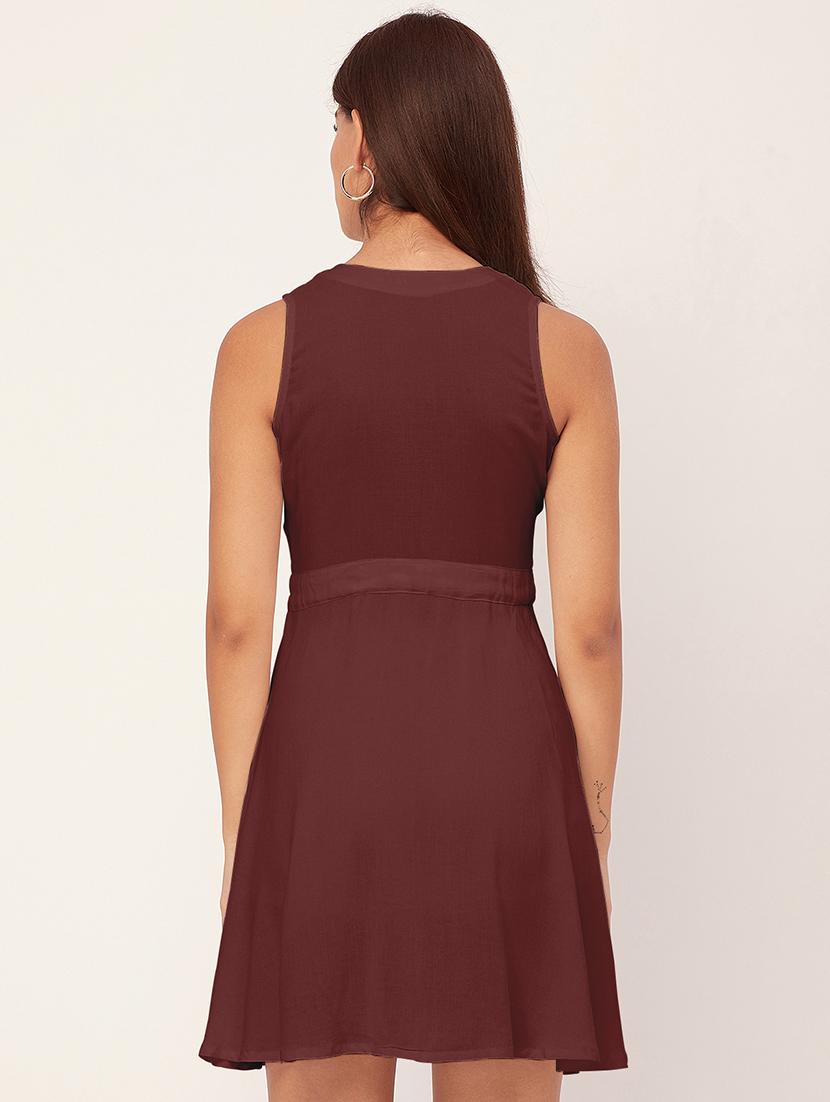 brown solid sleeveless a-line dress - 20458143 - Standard Image - 3