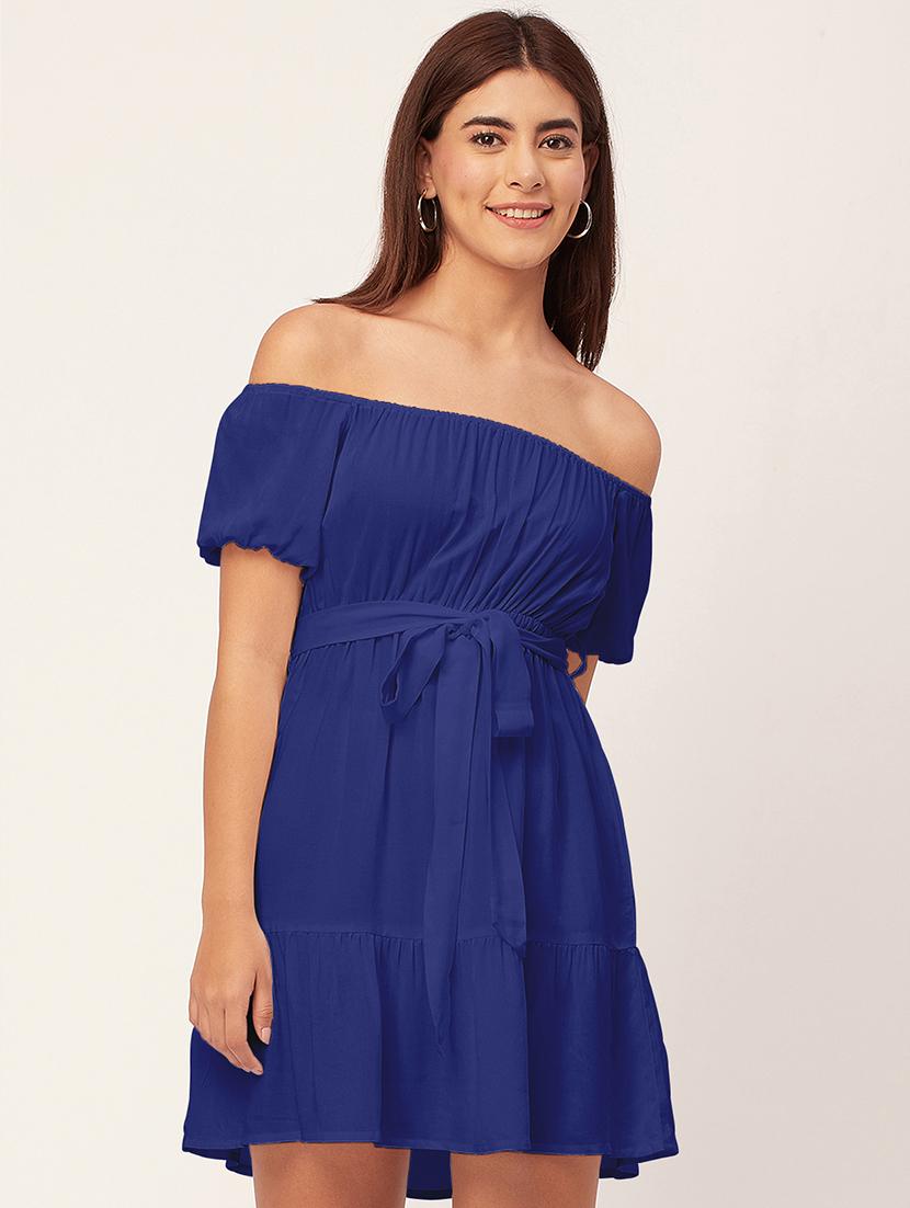 blue solid off shoulder dress waist tie - 20458150 - Zoom Image - 0